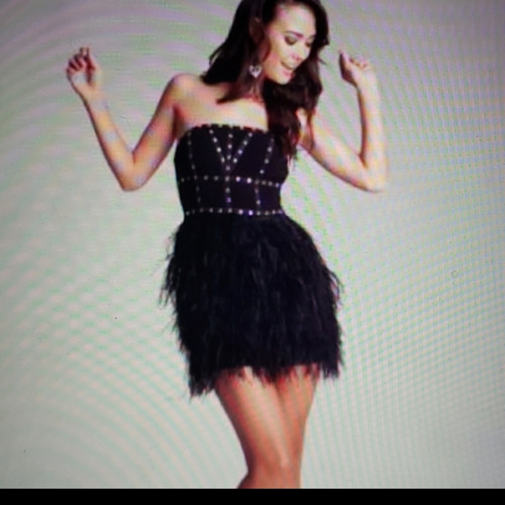 $300 BEBE Black Mini Strapless Dress with Feathers, Halloween Party Dress